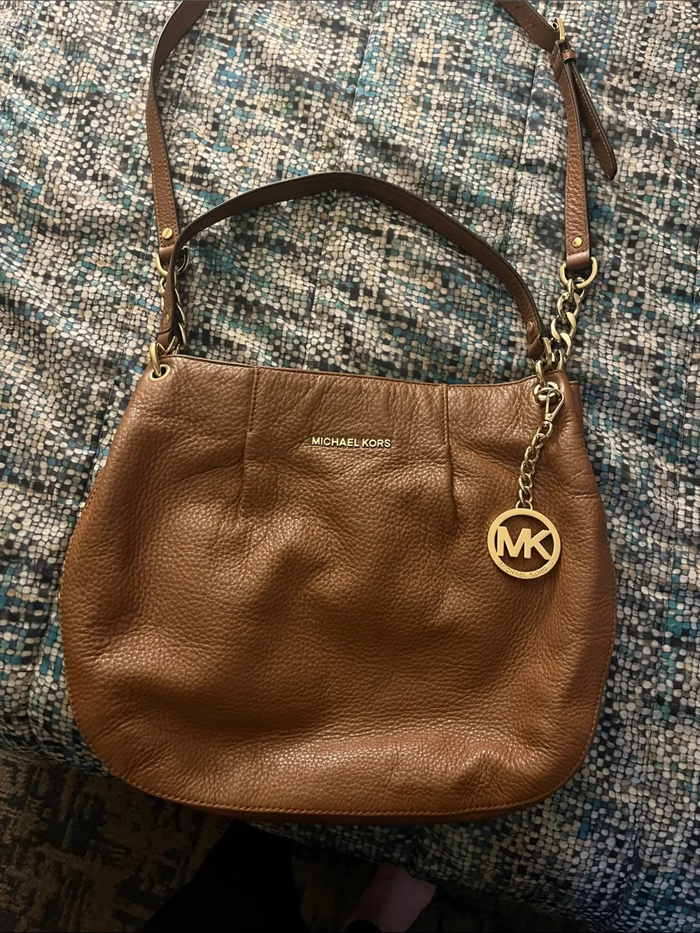 Michael Kors Tan Pebbled Leather Shoulder Bag crossbody with MK Charm